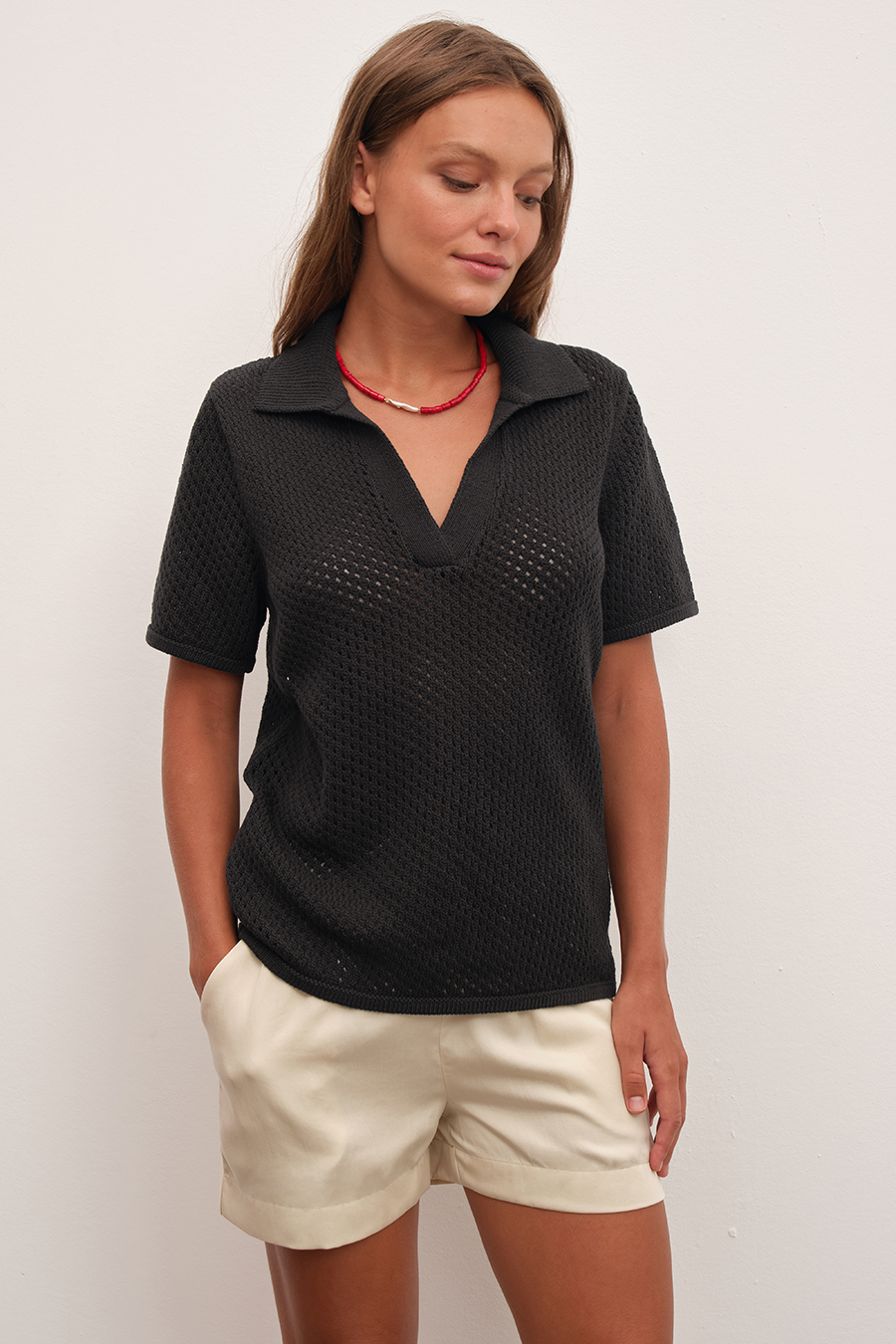 Polo Neck Crochet Knit Tee in Organic Cotton