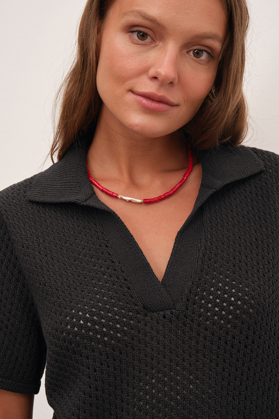 Polo Neck Crochet Knit Tee in Organic Cotton