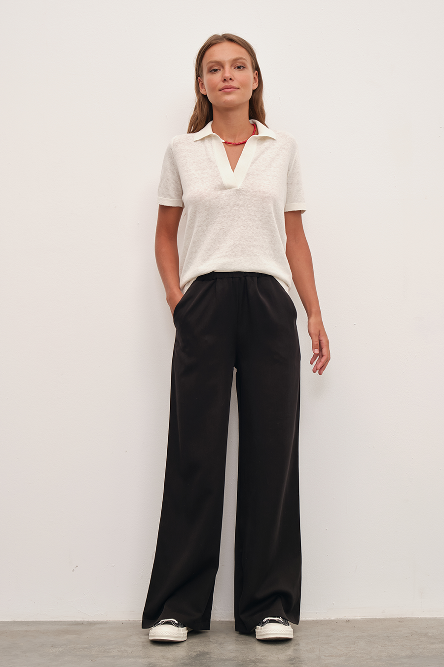 Polo Neck Knit Tee in Cotton/Linen Blend