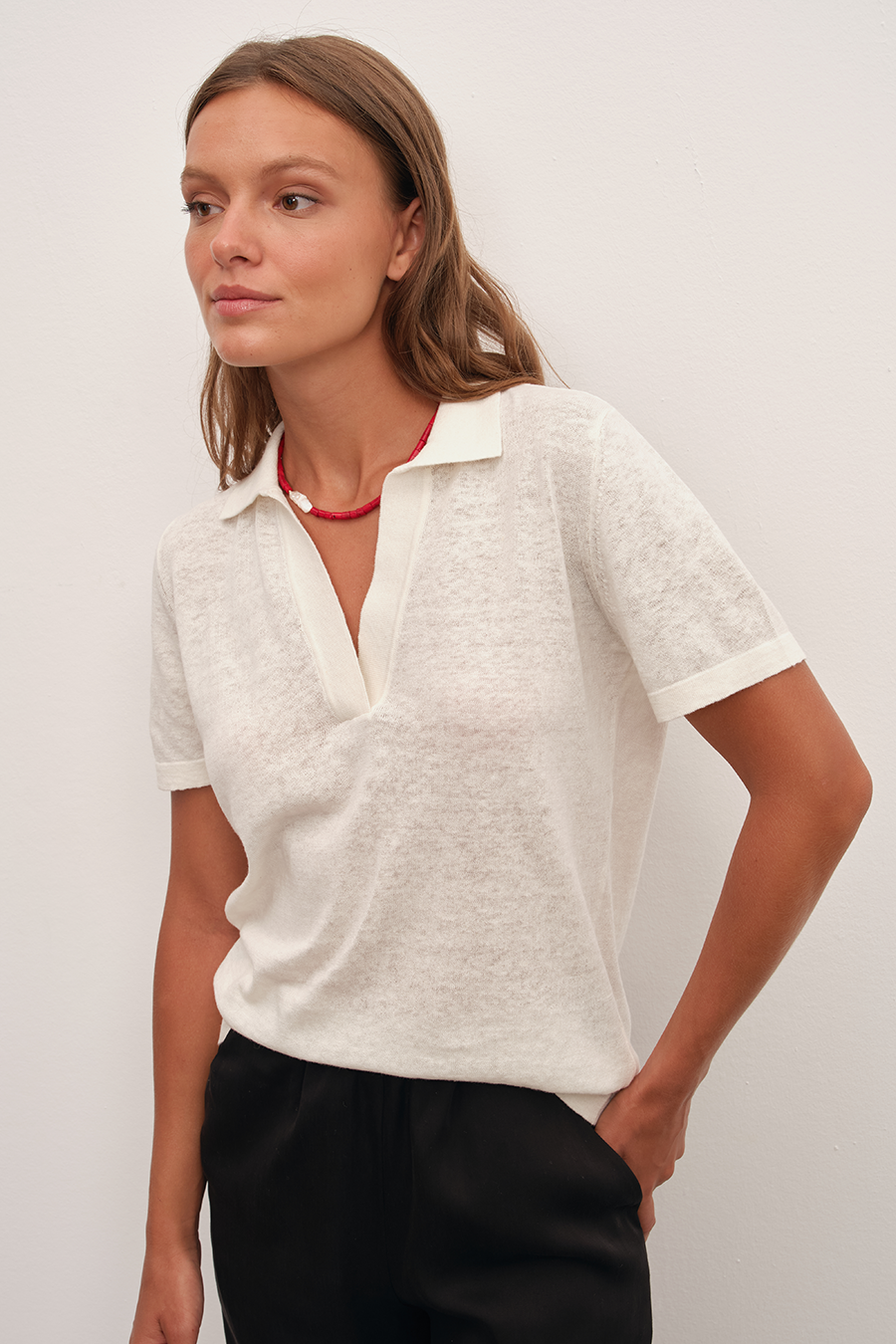 Polo Neck Knit Tee in Cotton/Linen Blend