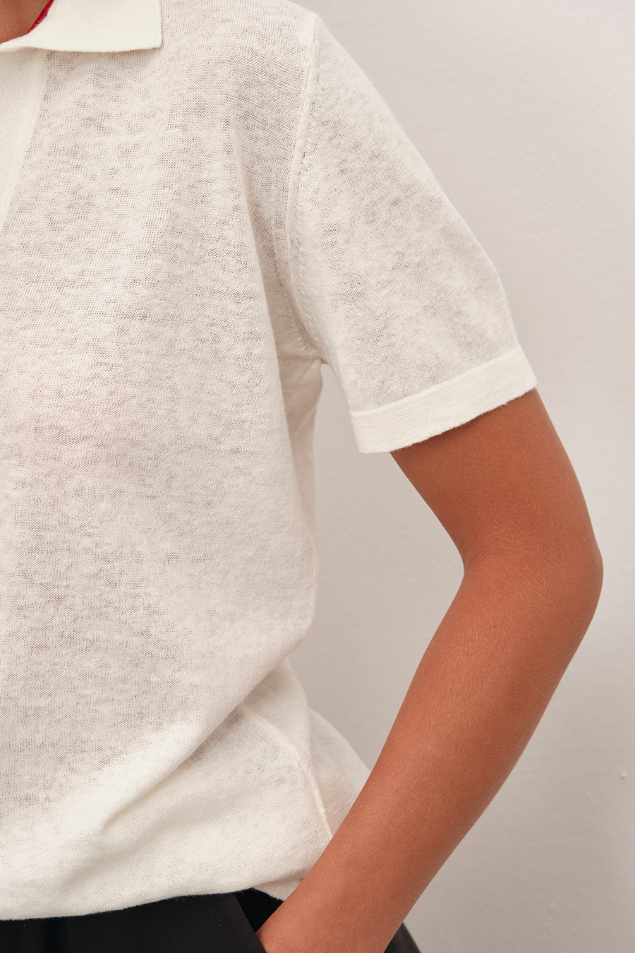 Polo Neck Knit Tee in Cotton/Linen Blend