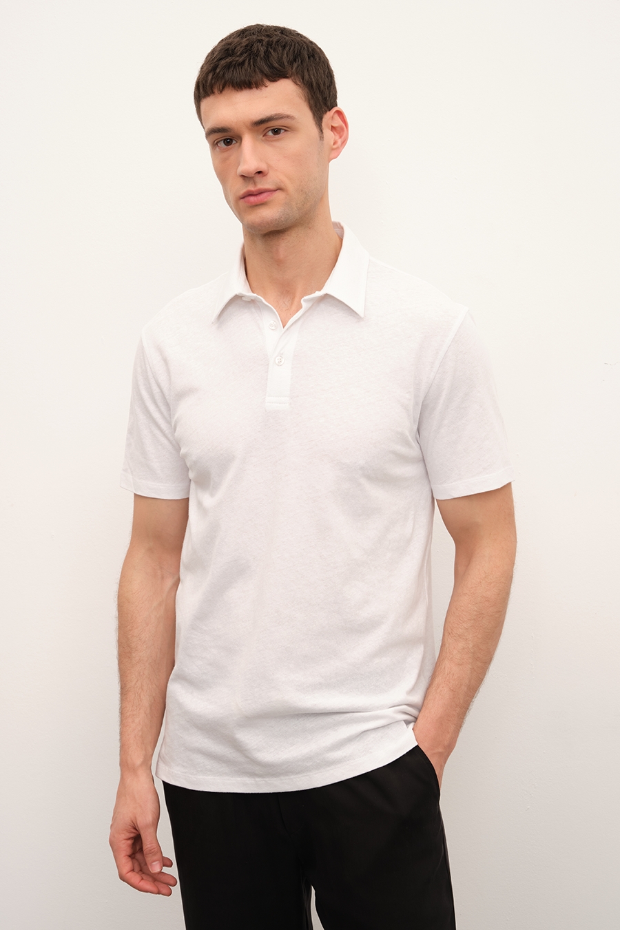 Polo Neck T-shirt in Cotton/Linen Blend
