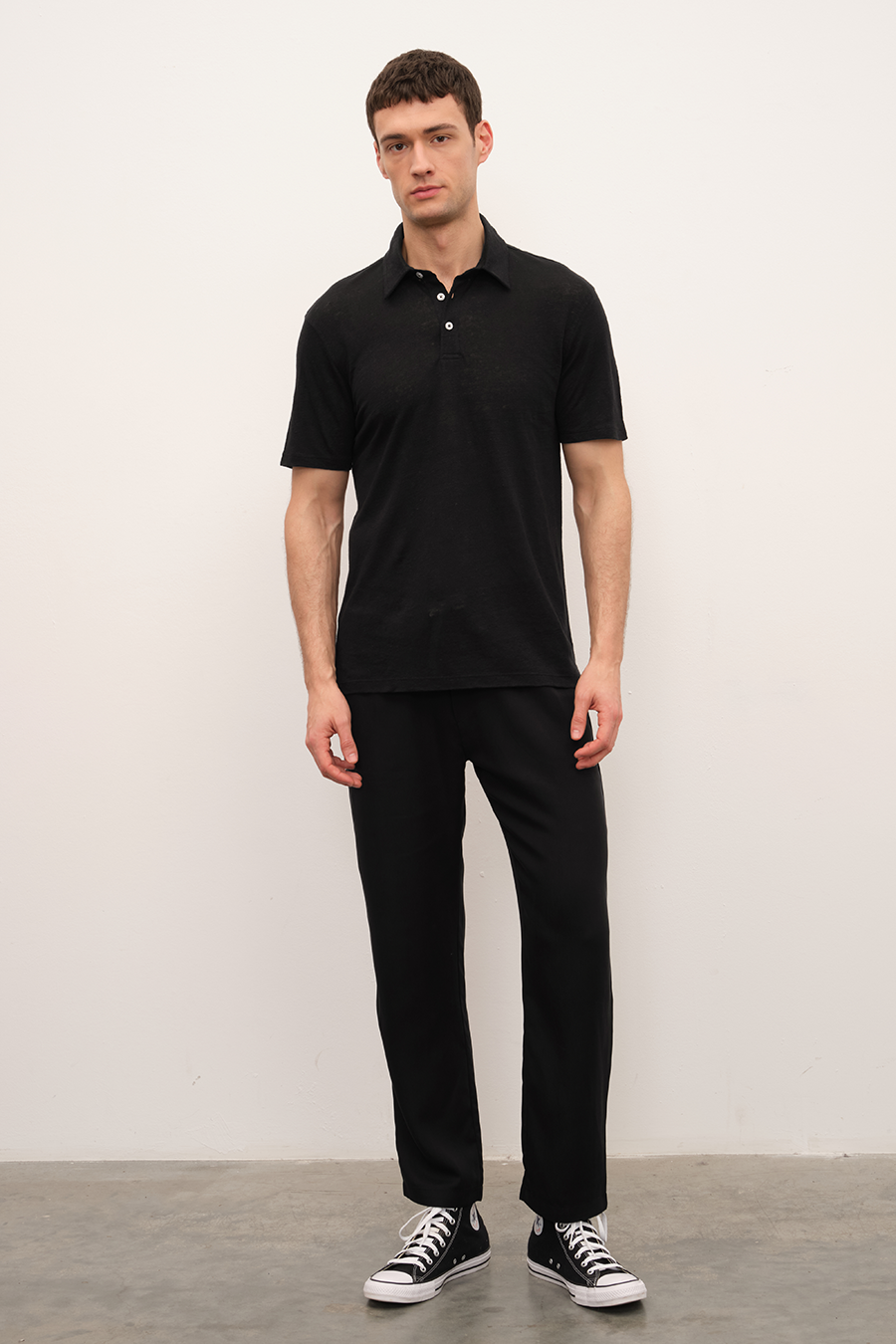 Polo Neck T-shirt in Cotton/Linen Blend