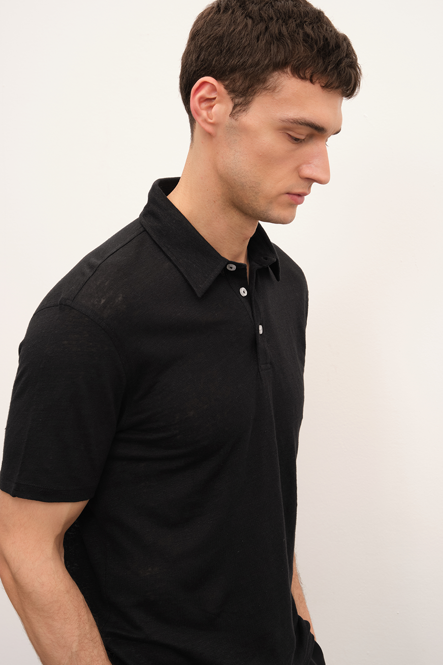 Polo Neck T-shirt in Cotton/Linen Blend