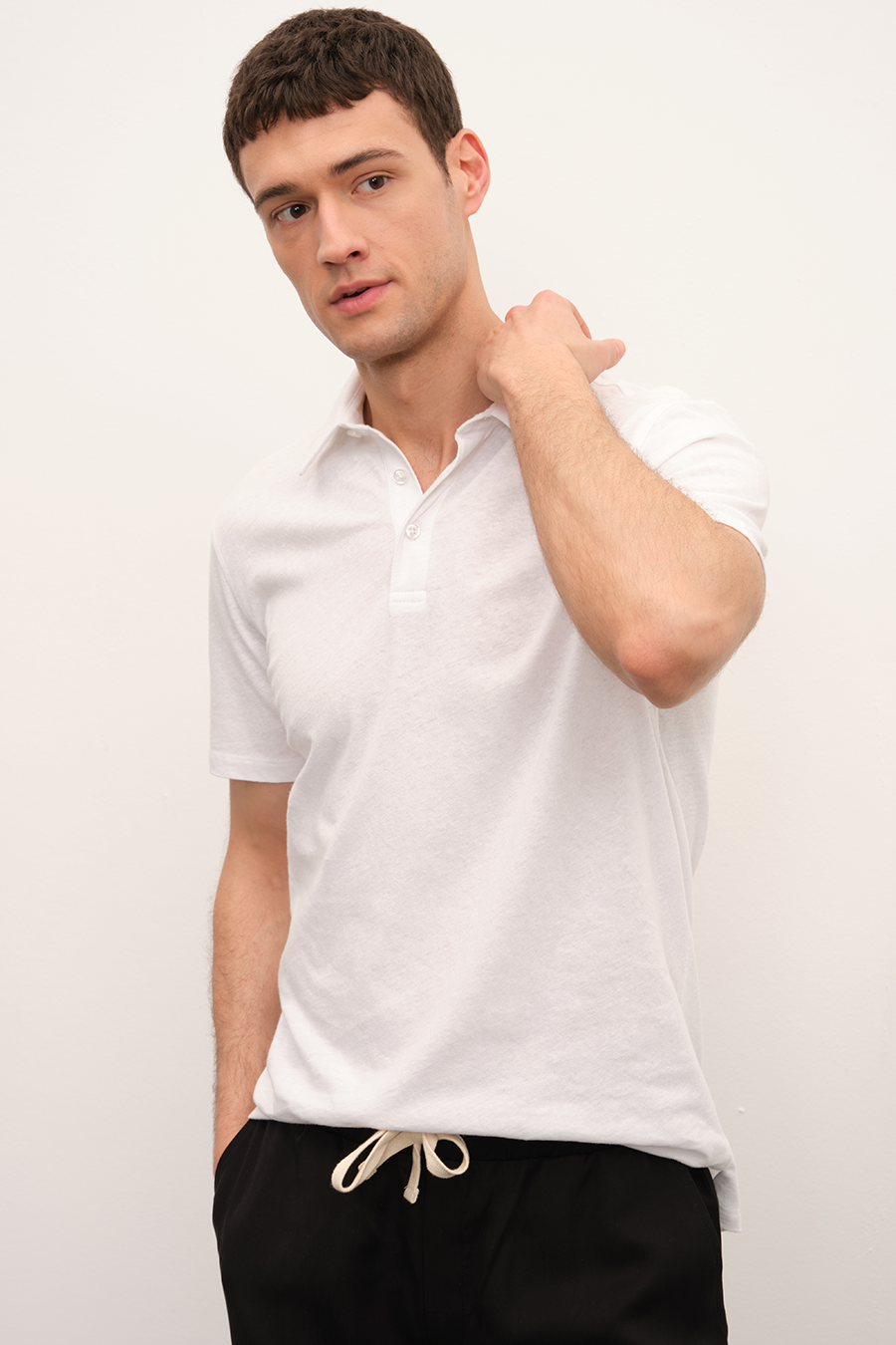 Polo Neck T-shirt in Cotton/Linen Blend