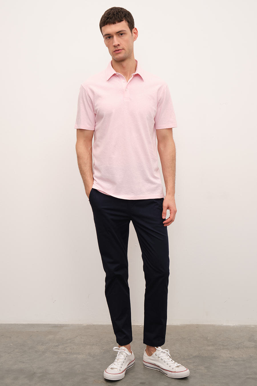 Polo Neck T-shirt in Cotton/Linen Blend