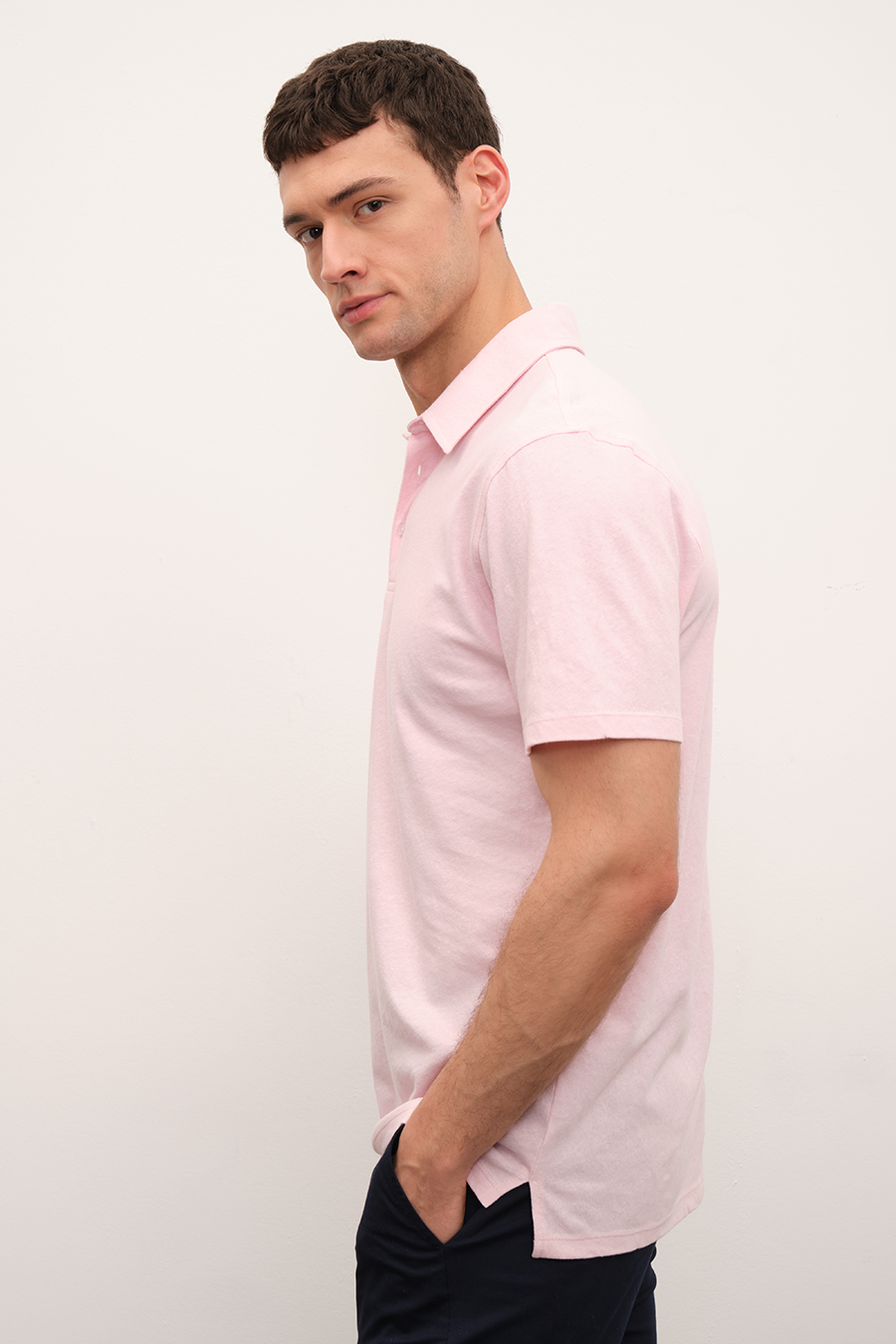 Polo Neck T-shirt in Cotton/Linen Blend