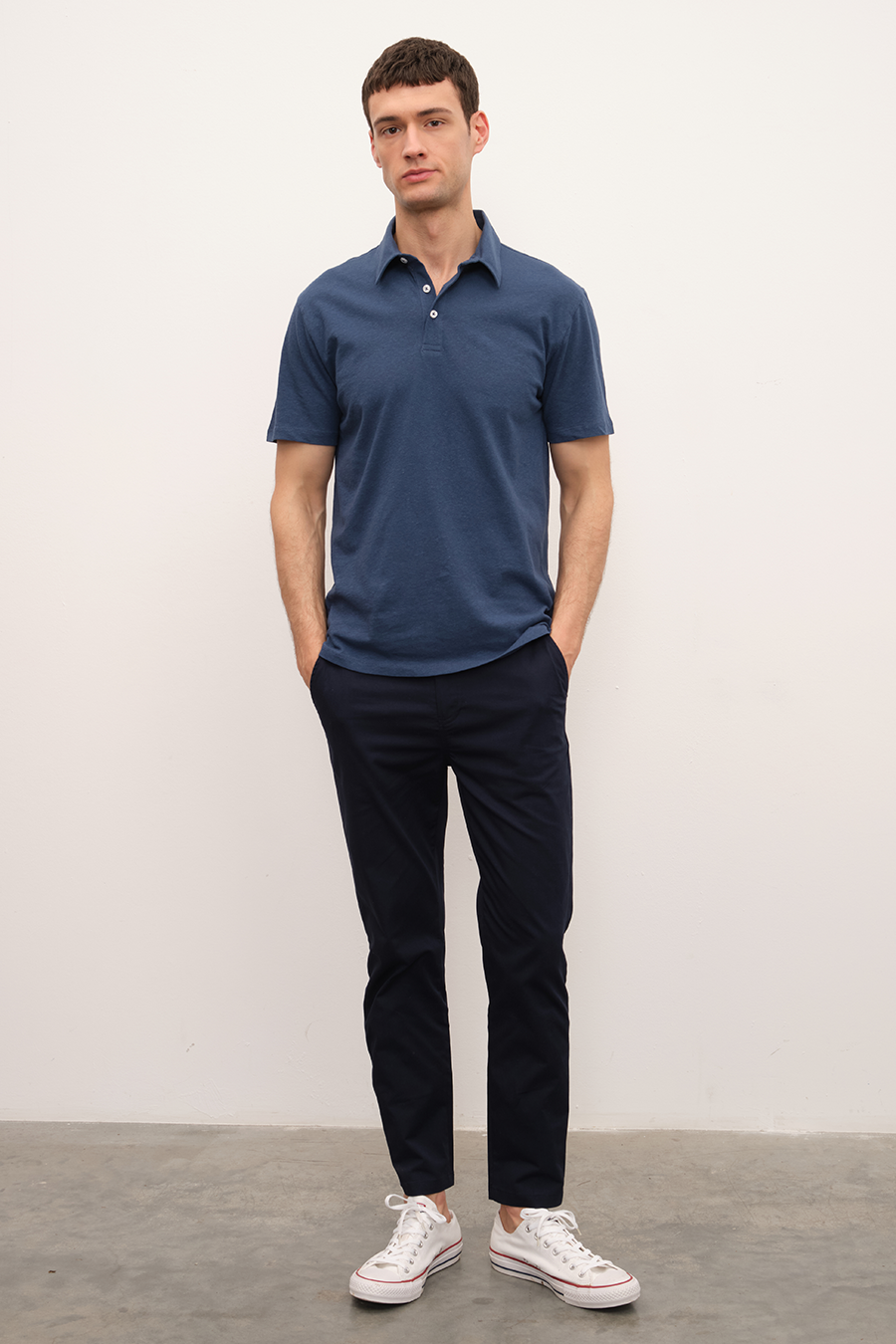 Polo Neck T-shirt in Cotton/Linen Blend
