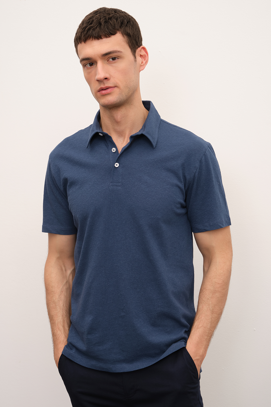 Polo Neck T-shirt in Cotton/Linen Blend