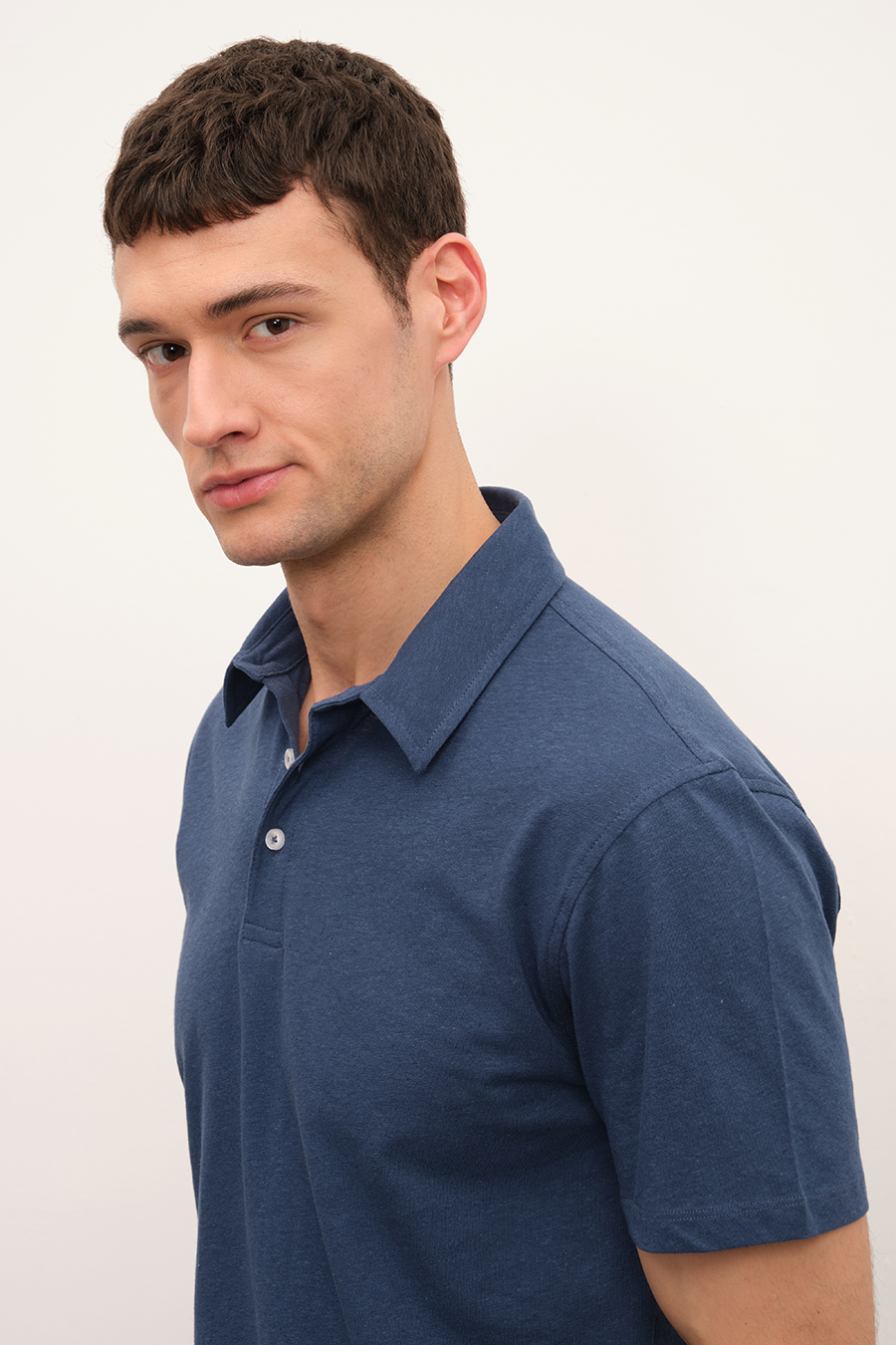 Polo Neck T-shirt in Cotton/Linen Blend