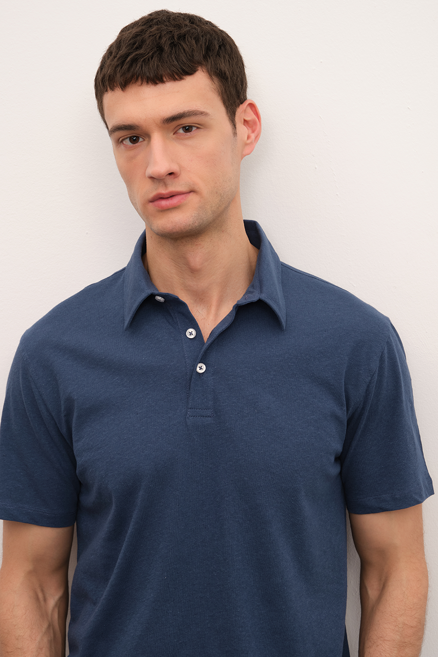 Polo Neck T-shirt in Cotton/Linen Blend