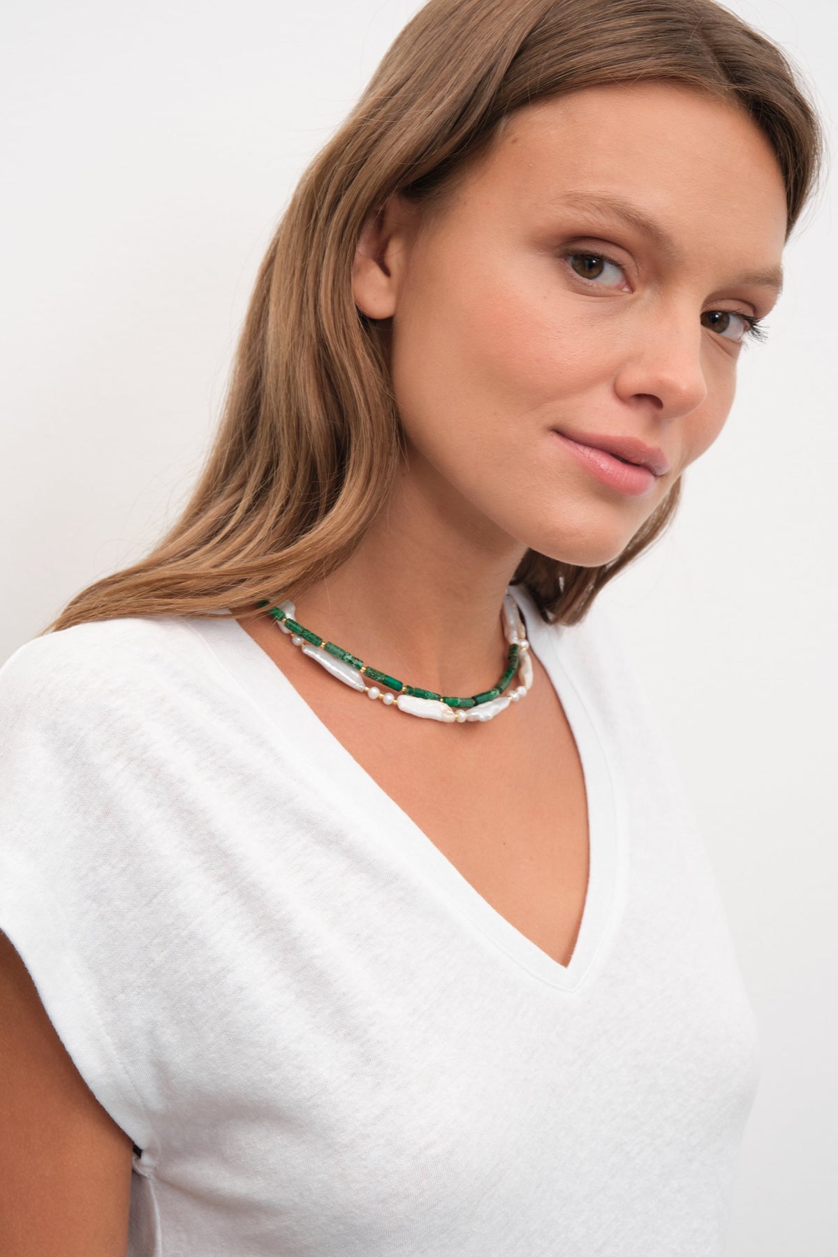V Neck Tee in Cotton/Linen Blend