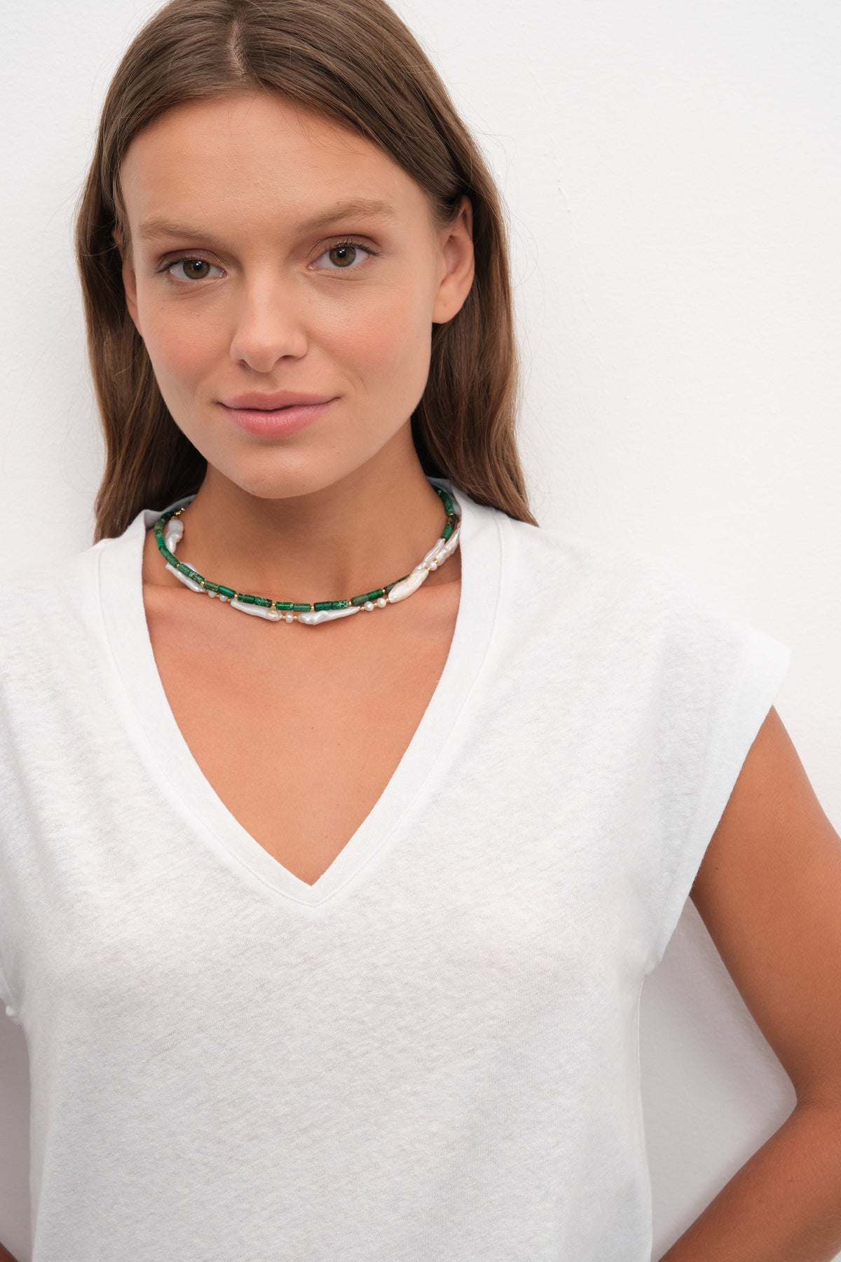 V Neck Tee in Cotton/Linen Blend