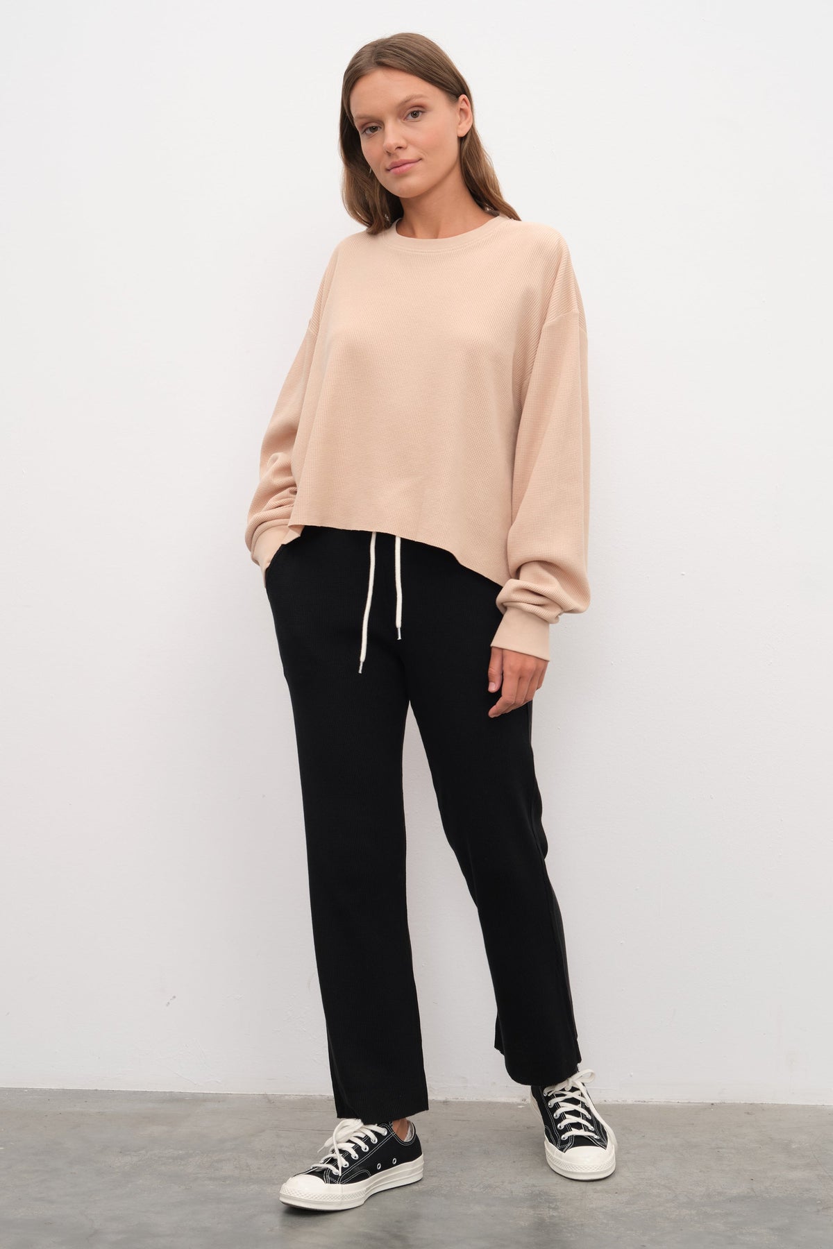 Waffle Cotton Cropped Oversize Sweatshirt
