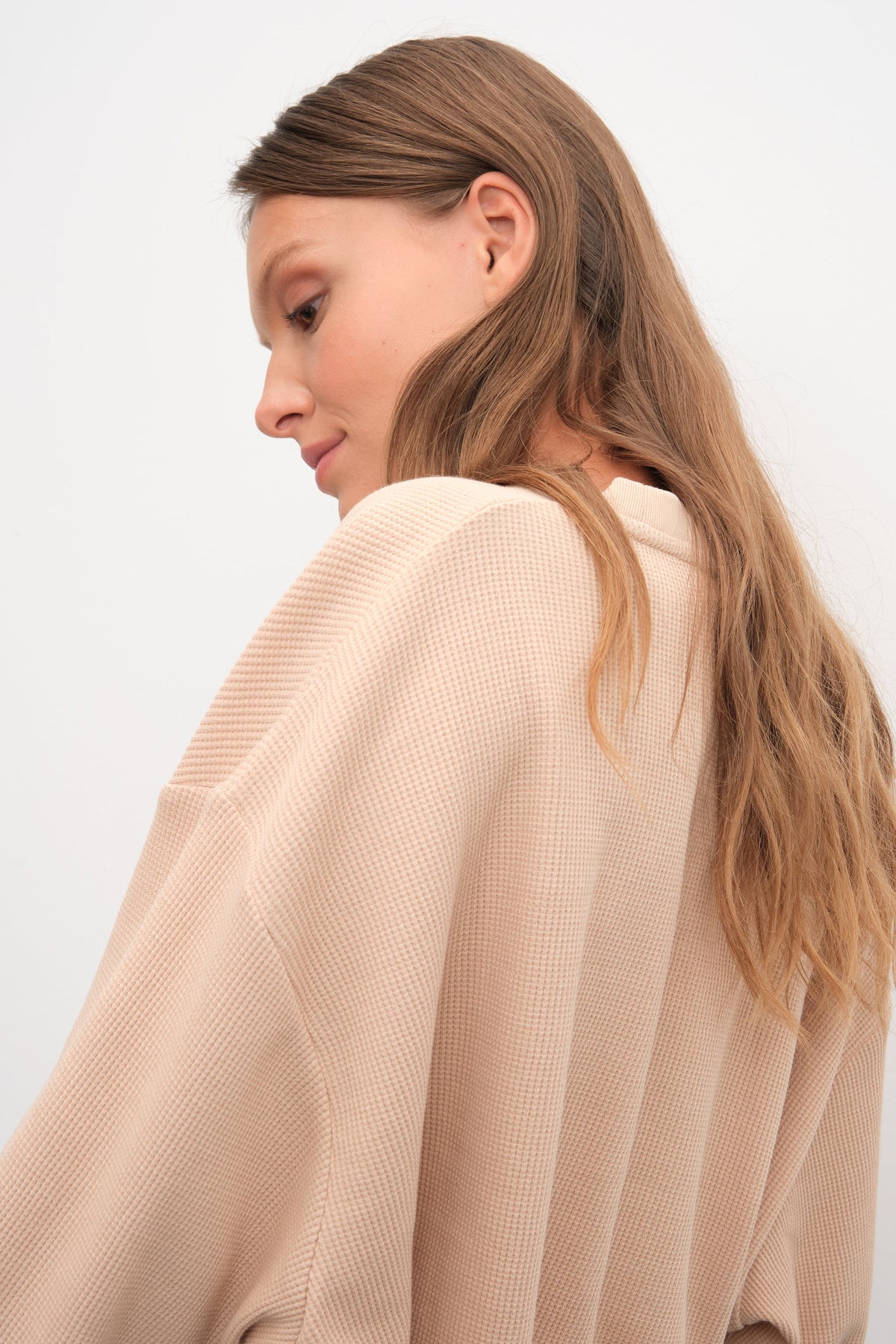 Waffle Cotton Cropped Oversize Sweatshirt