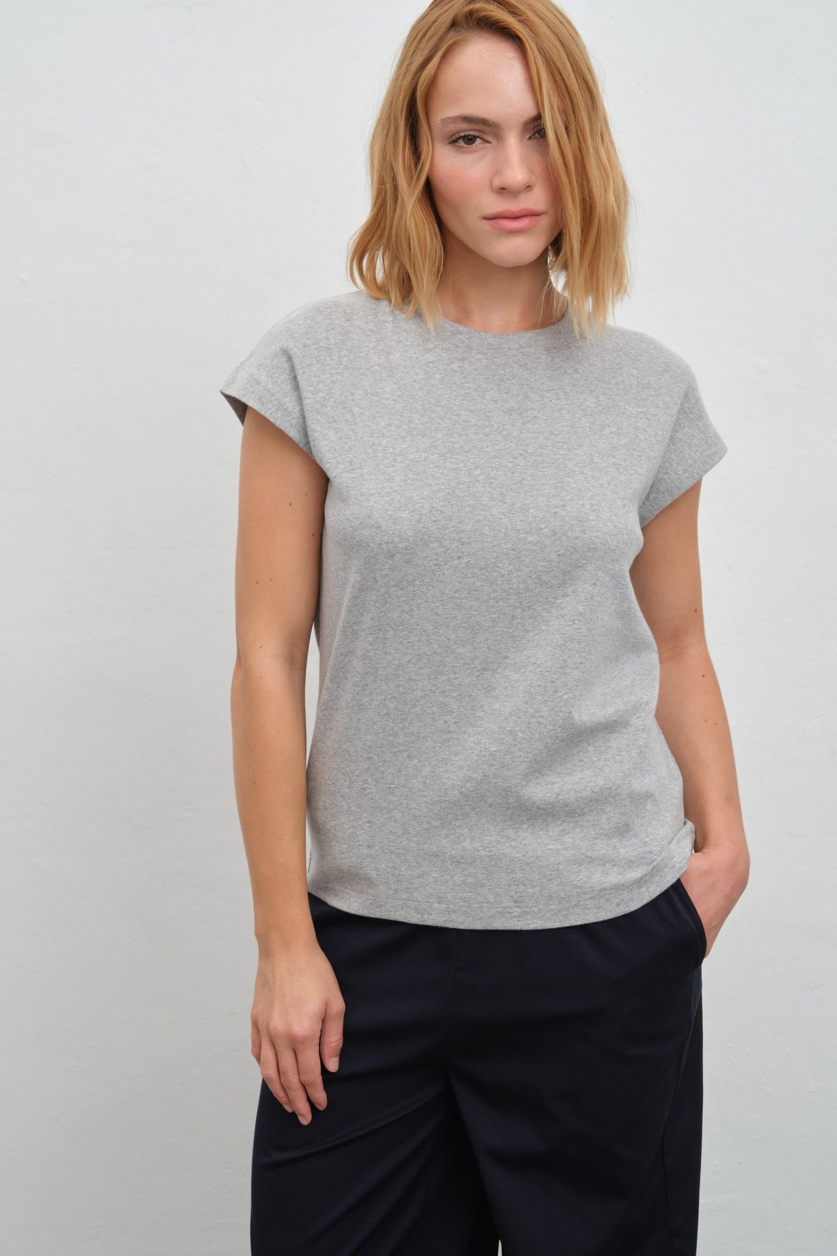 Cap-Sleeve T-shirt in Micro-Ribbed Cotton