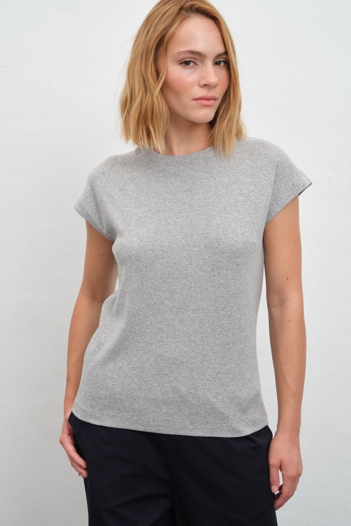 Cap-Sleeve T-shirt in Micro-Ribbed Cotton