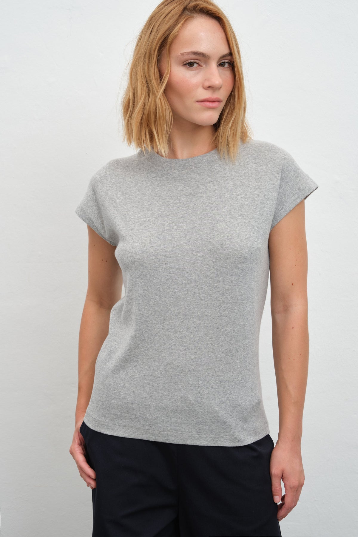 Cap-Sleeve T-shirt in Micro-Ribbed Cotton