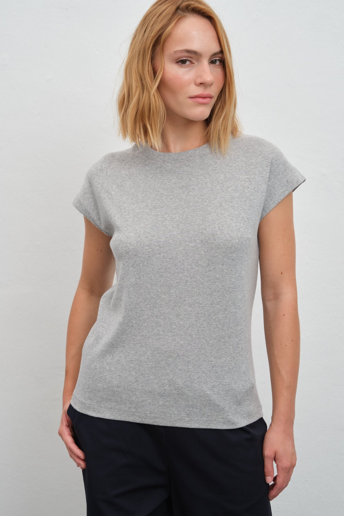 Cap-Sleeve T-shirt in Micro-Ribbed Cotton