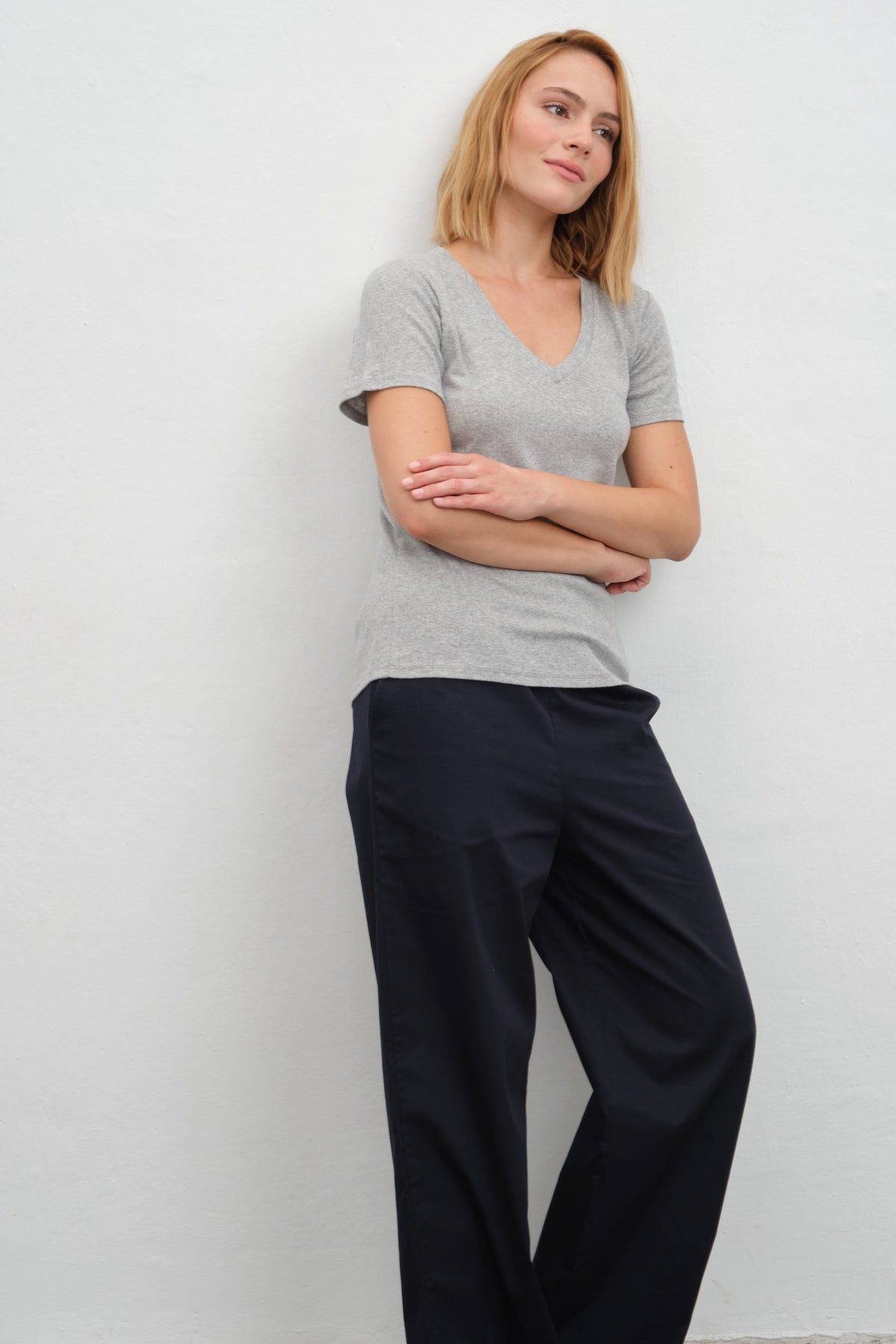 V-Neck Fitted T-shirt in Micro-Ribbed Cotton