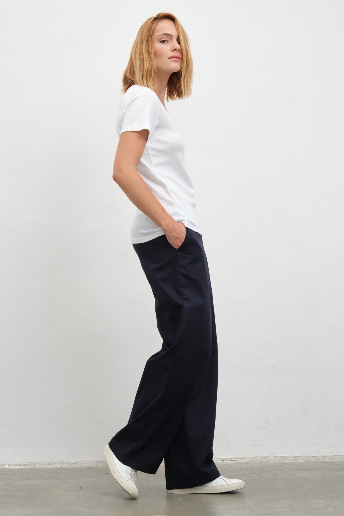 V-Neck Fitted T-shirt in Micro-Ribbed Cotton