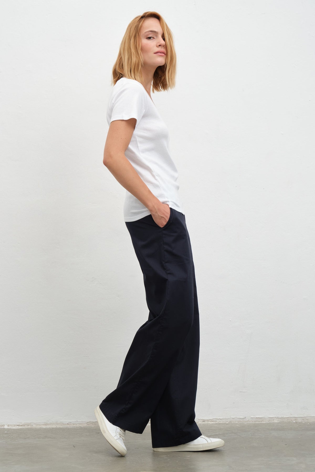 V-Neck Fitted T-shirt in Micro-Ribbed Cotton