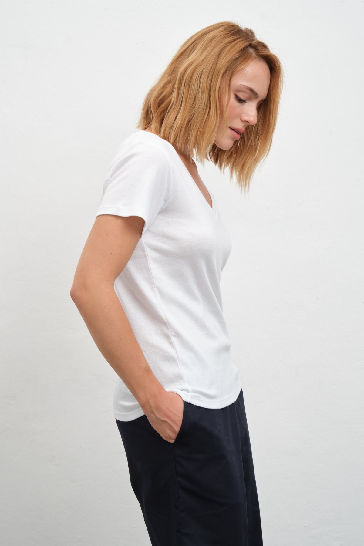 V-Neck Fitted T-shirt in Micro-Ribbed Cotton