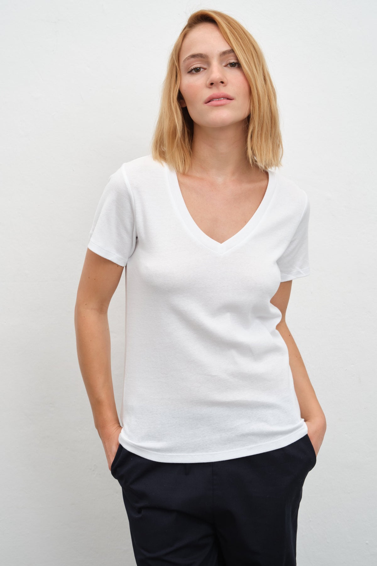 V-Neck Fitted T-shirt in Micro-Ribbed Cotton