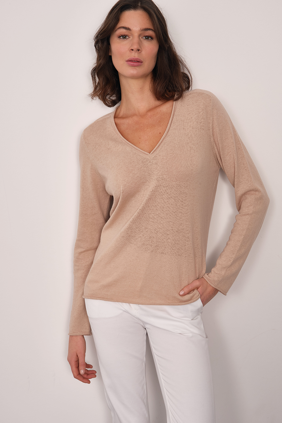 Lightweight V Neck Sweater in Cotton/Linen Blend