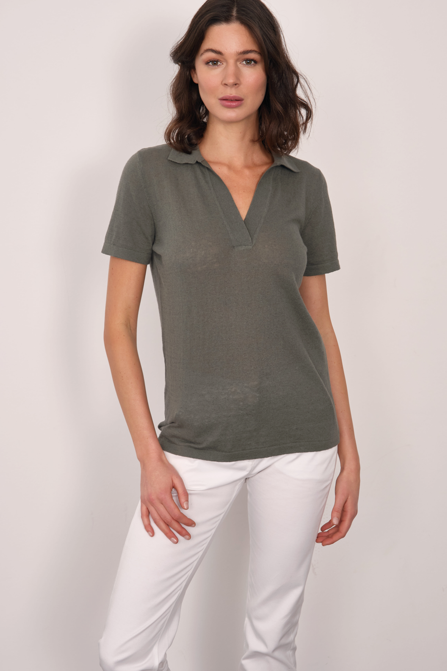 Polo Neck Knit Tee in Cotton/Linen Blend