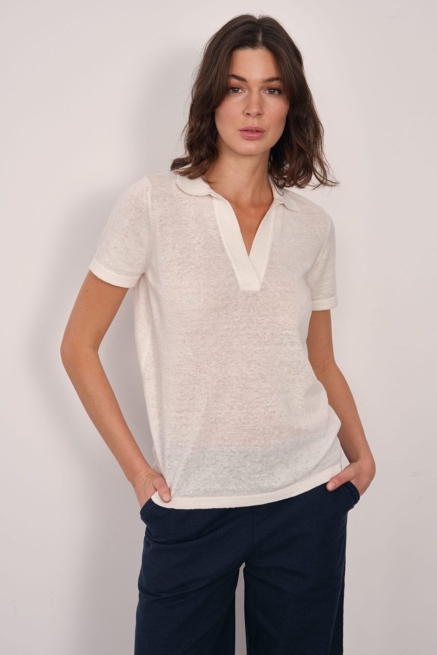 Polo Neck Knit Tee in Cotton/Linen Blend