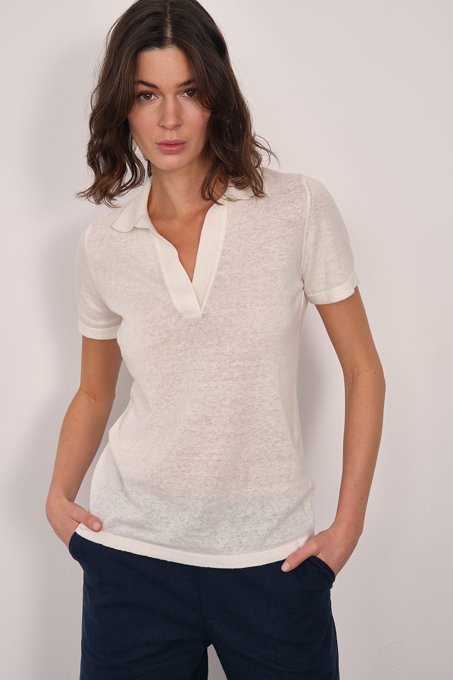 Polo Neck Knit Tee in Cotton/Linen Blend