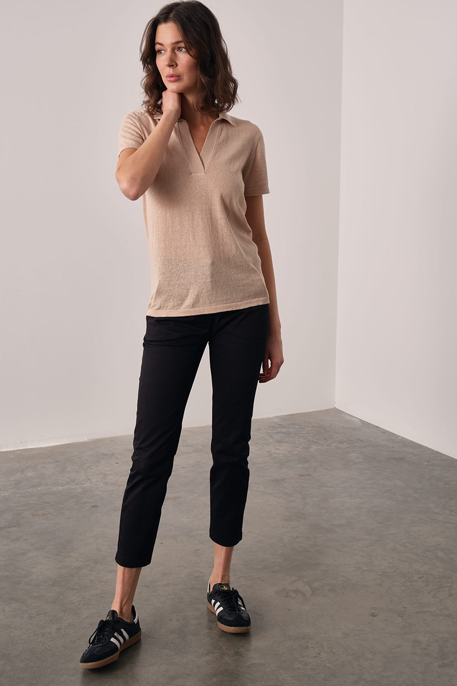 Polo Neck Knit Tee in Cotton/Linen Blend