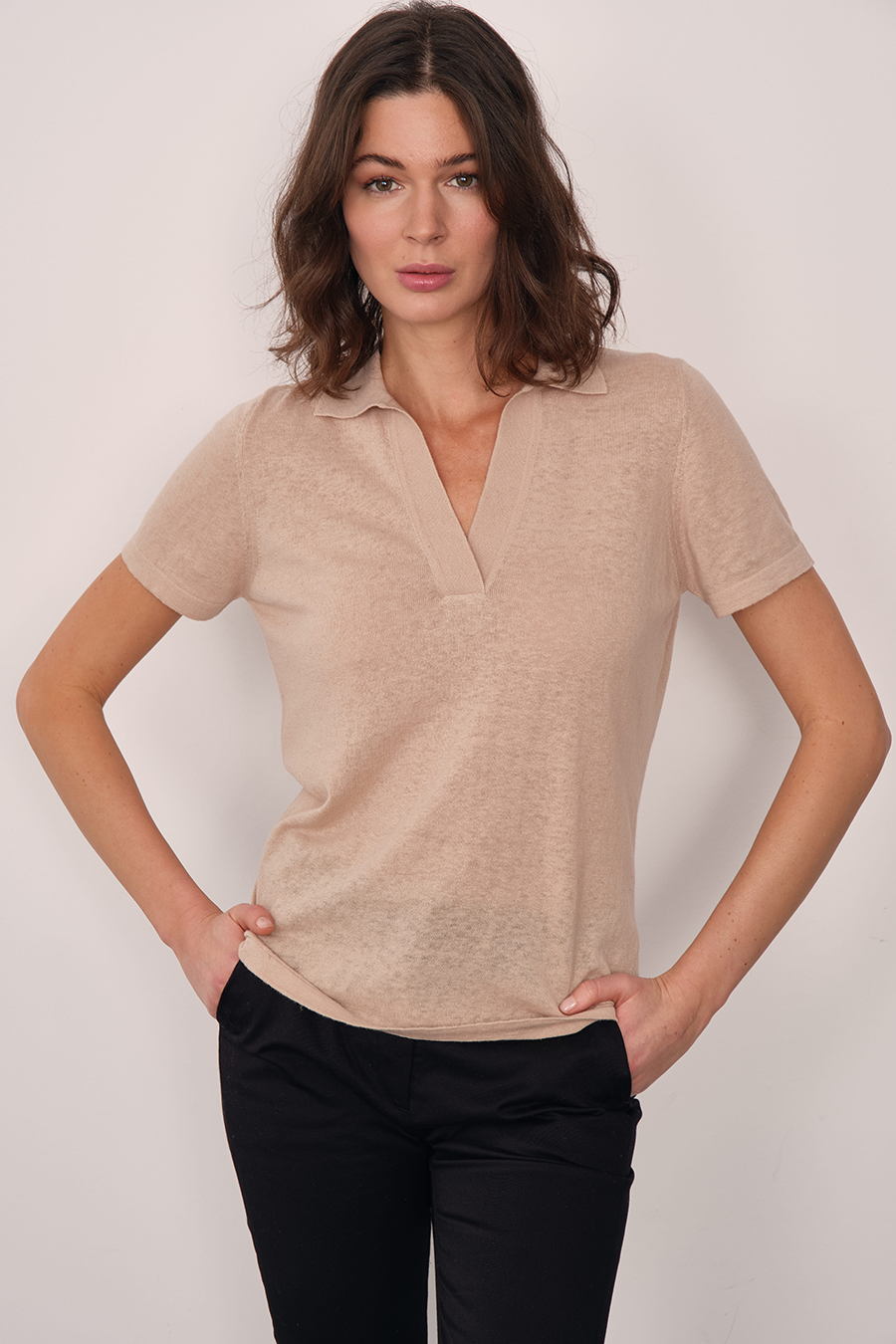 Polo Neck Knit Tee in Cotton/Linen Blend