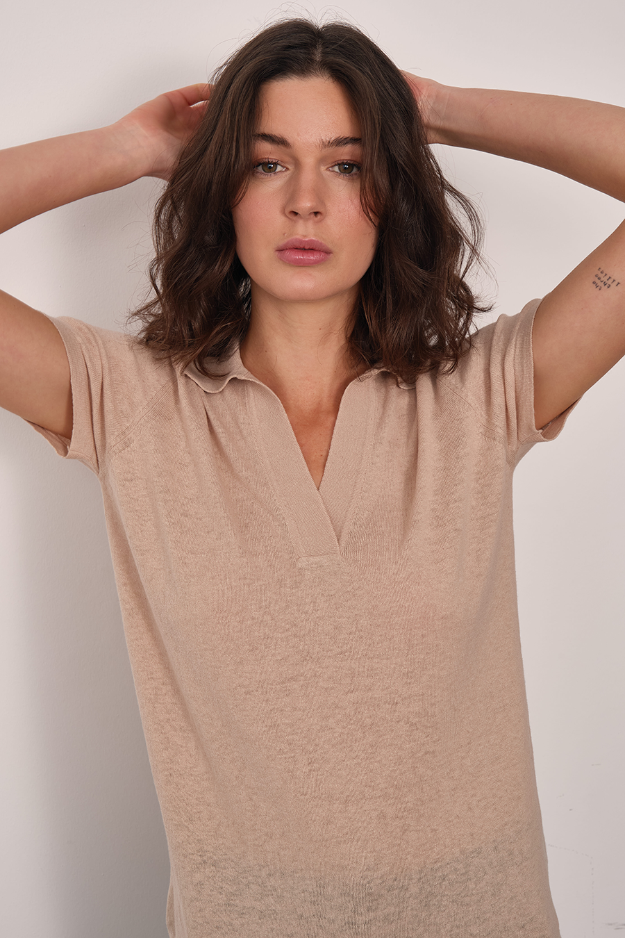 Polo Neck Knit Tee in Cotton/Linen Blend