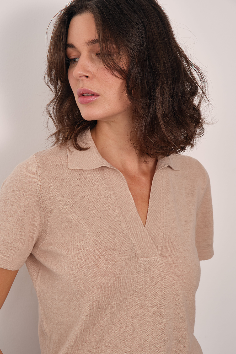 Polo Neck Knit Tee in Cotton/Linen Blend