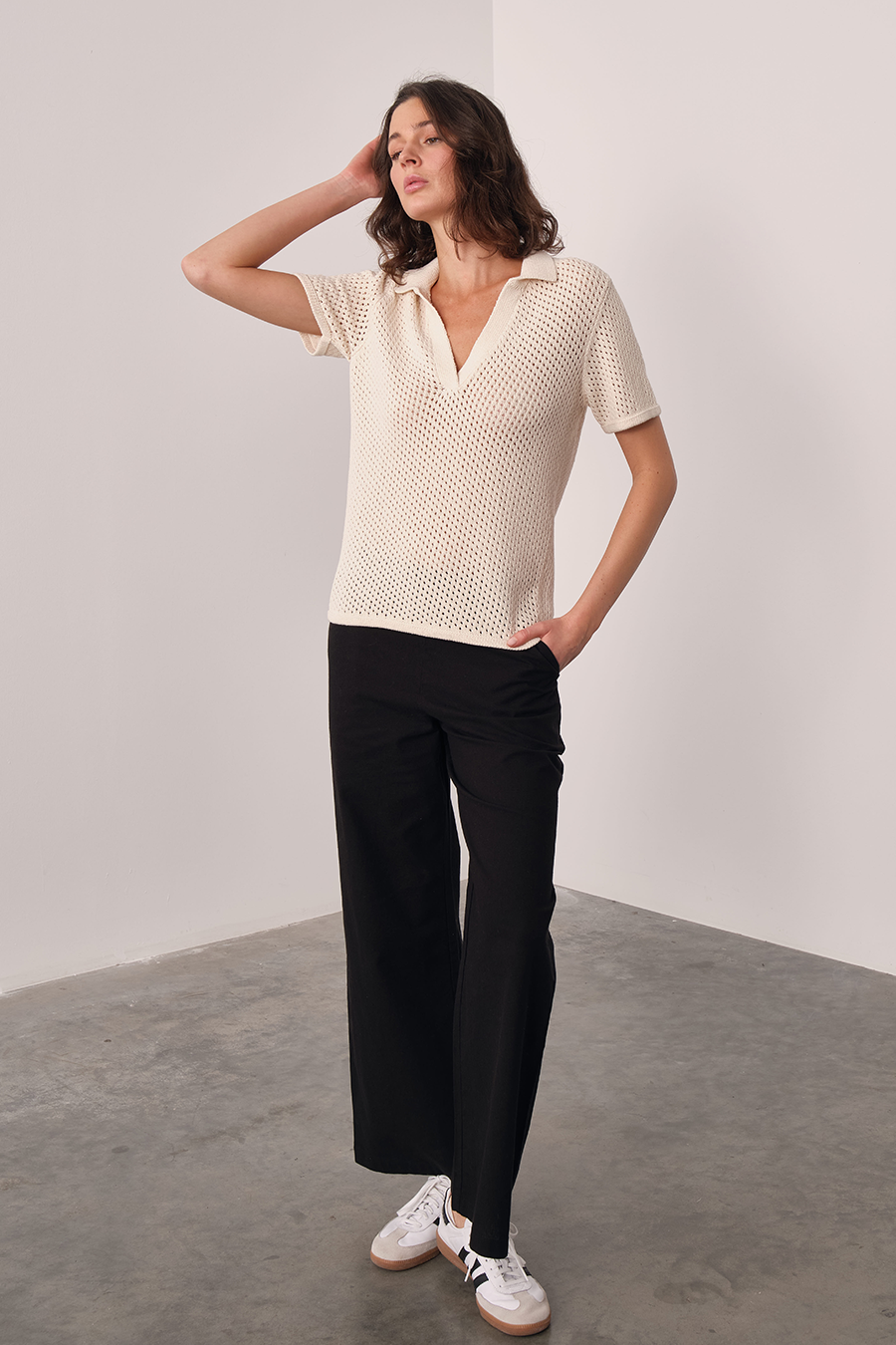 Polo Neck Crochet Knit Tee in Organic Cotton