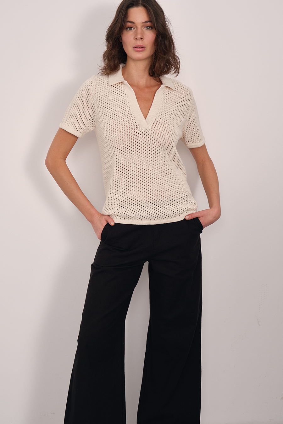 Polo Neck Crochet Knit Tee in Organic Cotton