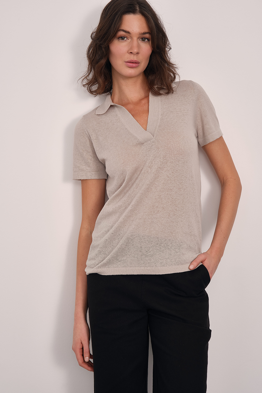 Polo Neck Knit Tee in Cotton/Linen Blend