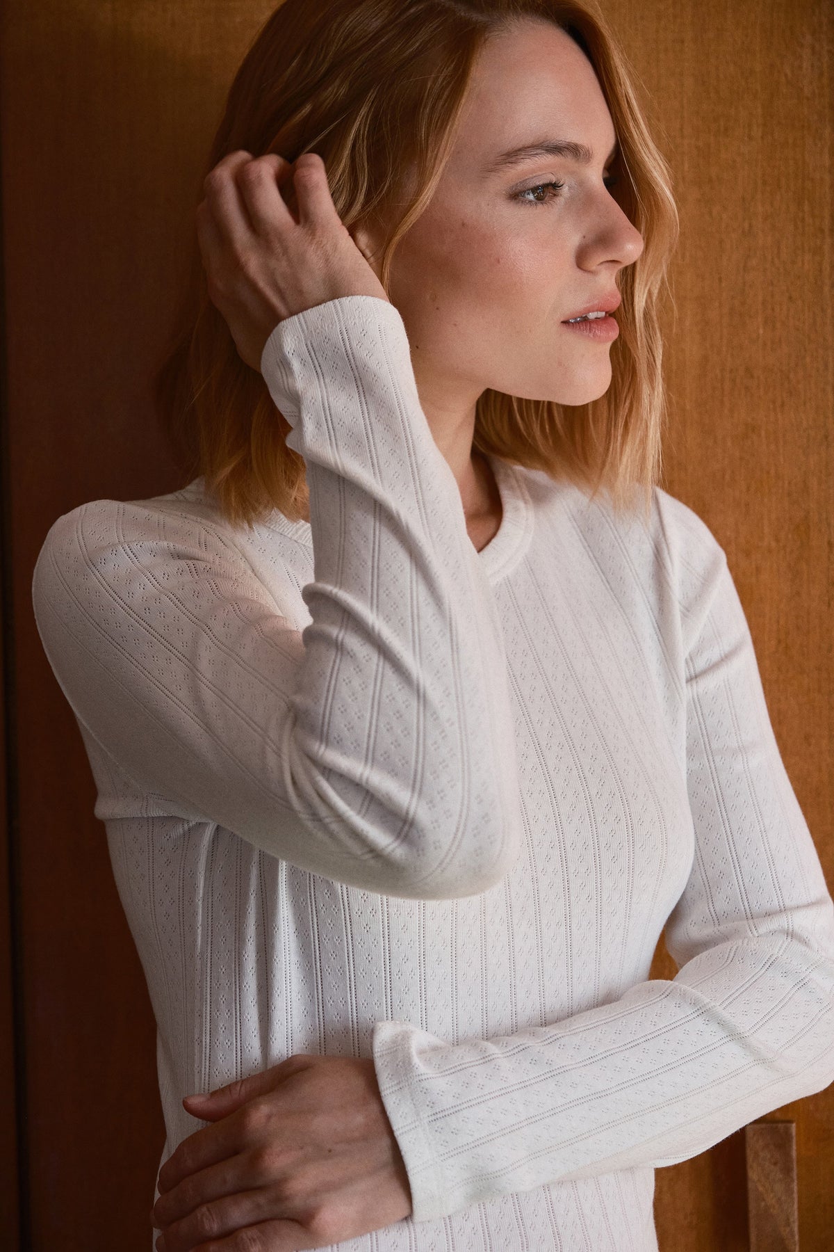 Long-Sleeve Fitted T-Shirt in Pointelle Cotton