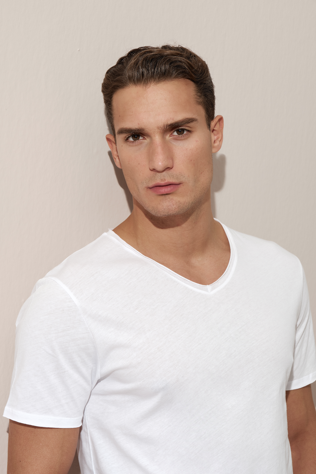Raw Edge V Neck T-shirt with Back Stitching in Lightweight Cotton