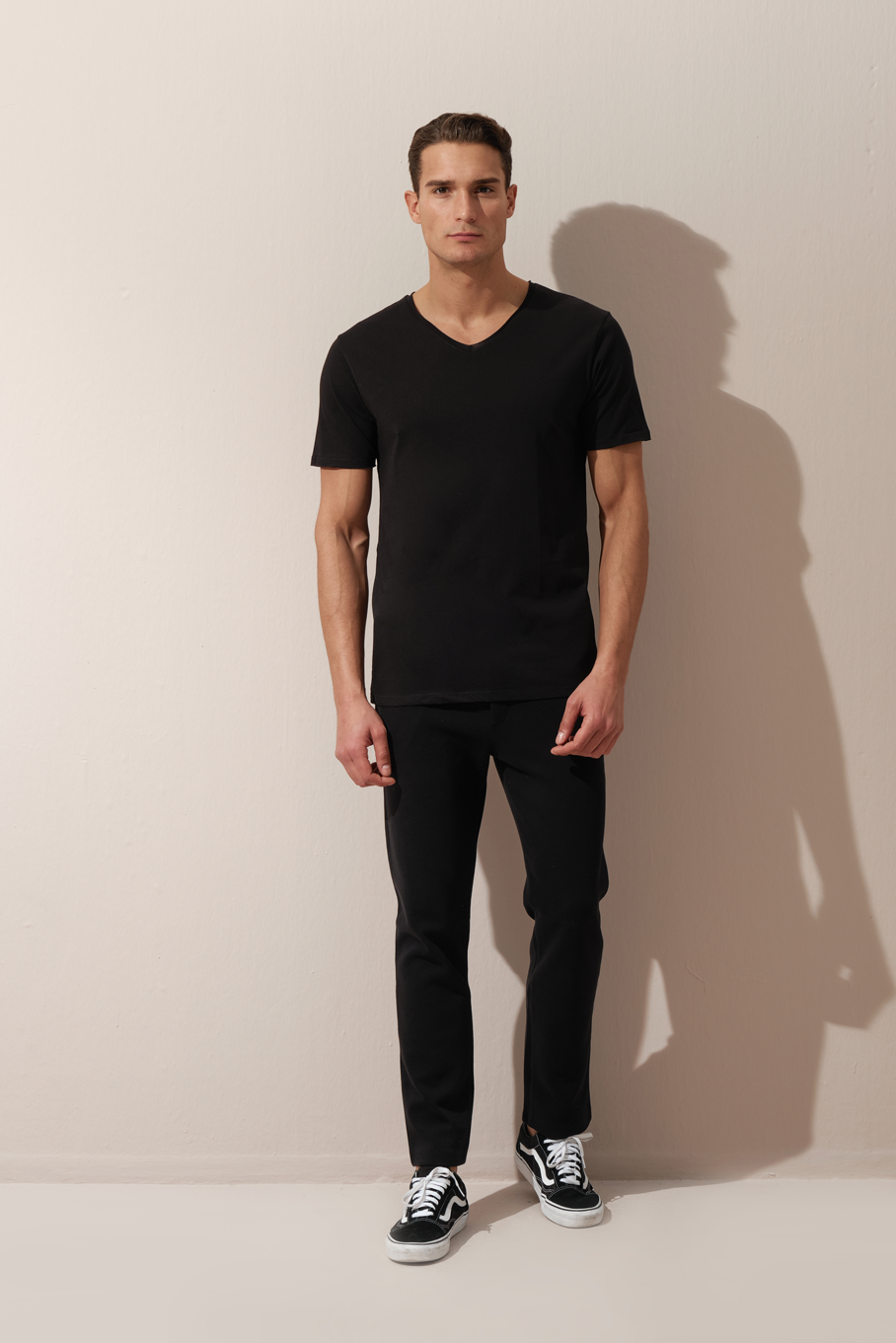 Raw Edge V Neck T-shirt with Back Stitching in Lightweight Cotton