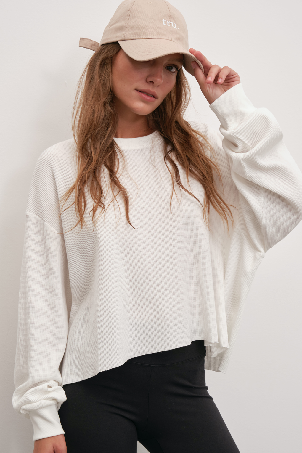 Waffle Cotton Cropped Oversize Sweatshirt