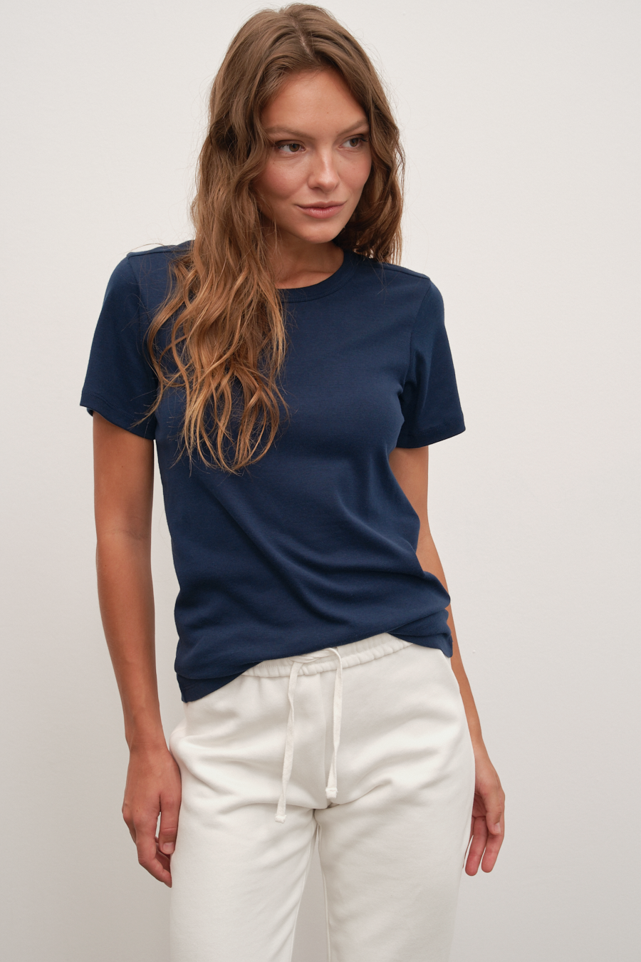 Crew Neck Fitted T-shirt in Micro-Ribbed Cotton