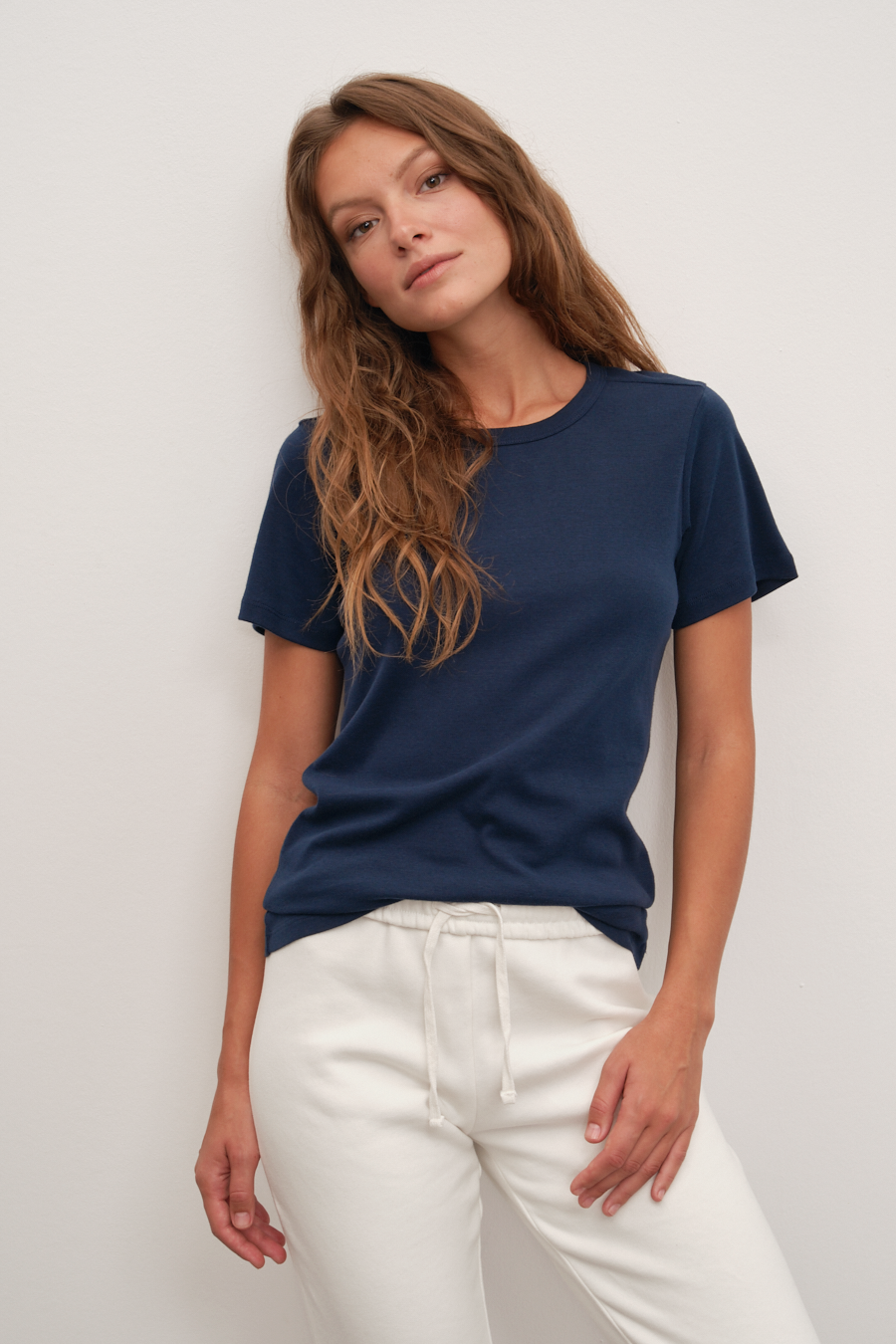 Crew Neck Fitted T-shirt in Micro-Ribbed Cotton