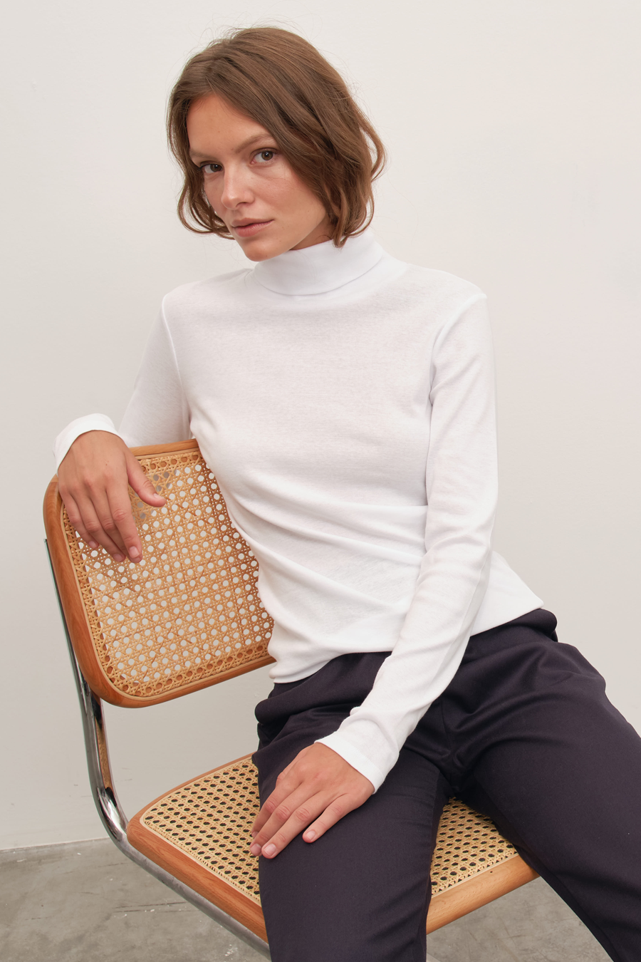 Turtleneck Fitted T-shirt in Micro-Ribbed Cotton