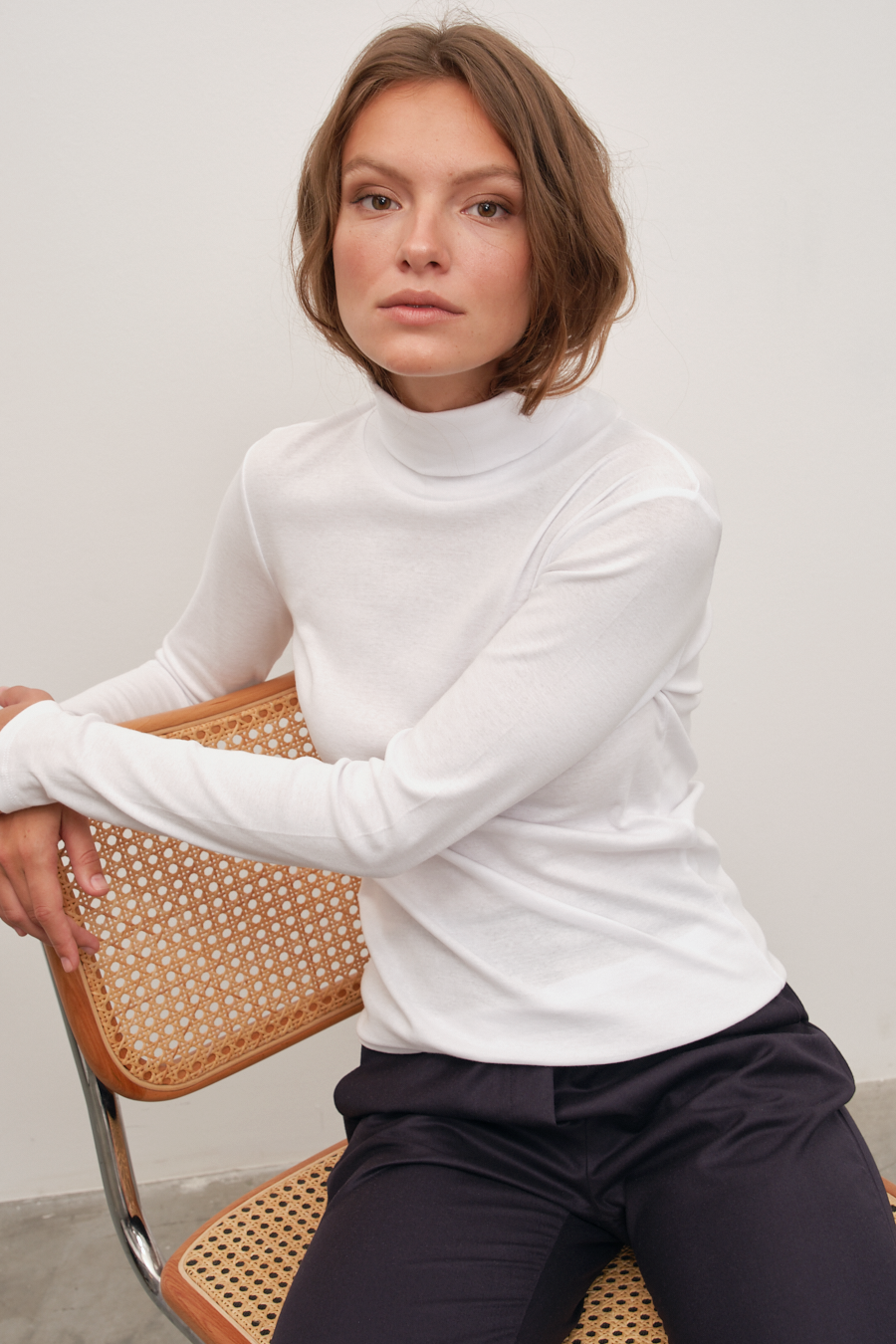 Turtleneck Fitted T-shirt in Micro-Ribbed Cotton