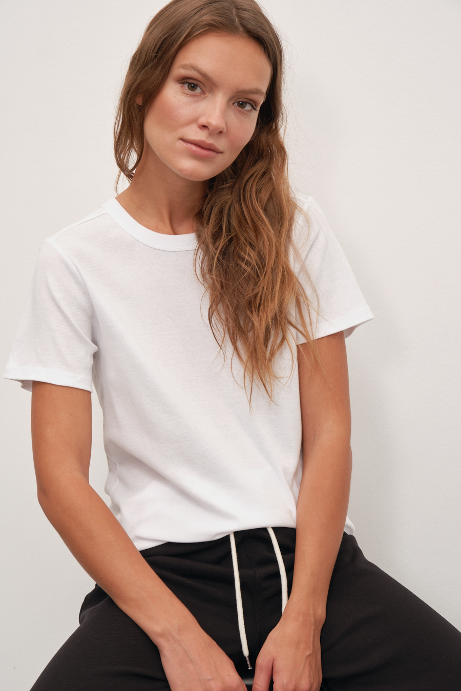 Crew Neck Fitted T-shirt in Micro-Ribbed Cotton