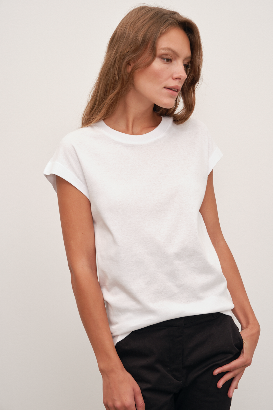 Capped Shoulder T-shirt in Micro-Ribbed Cotton