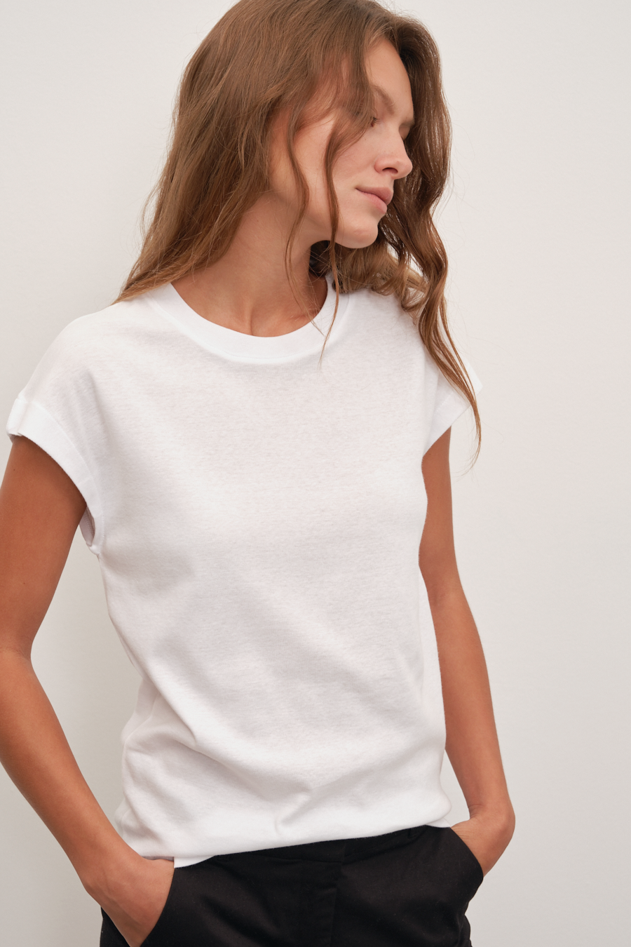 Capped Shoulder T-shirt in Micro-Ribbed Cotton